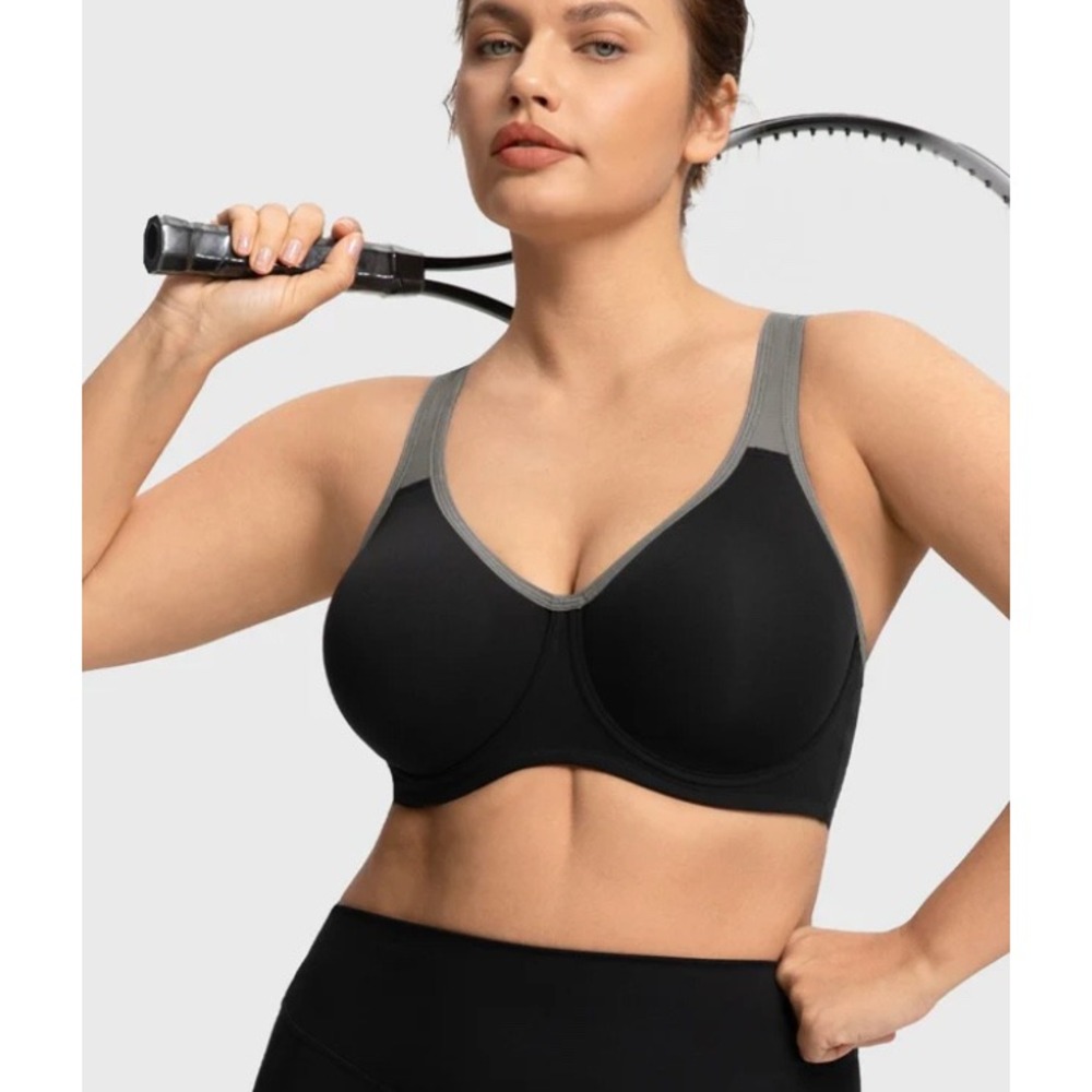 HSIA Womens High Impact Underwire Sports Bra Black Grey Unlined 38J NEW